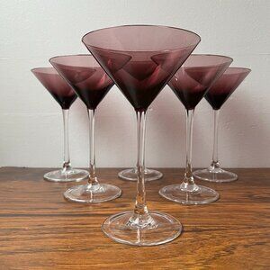 Set of 6 Amethyst Purple Martini Glasses with Clear Stems